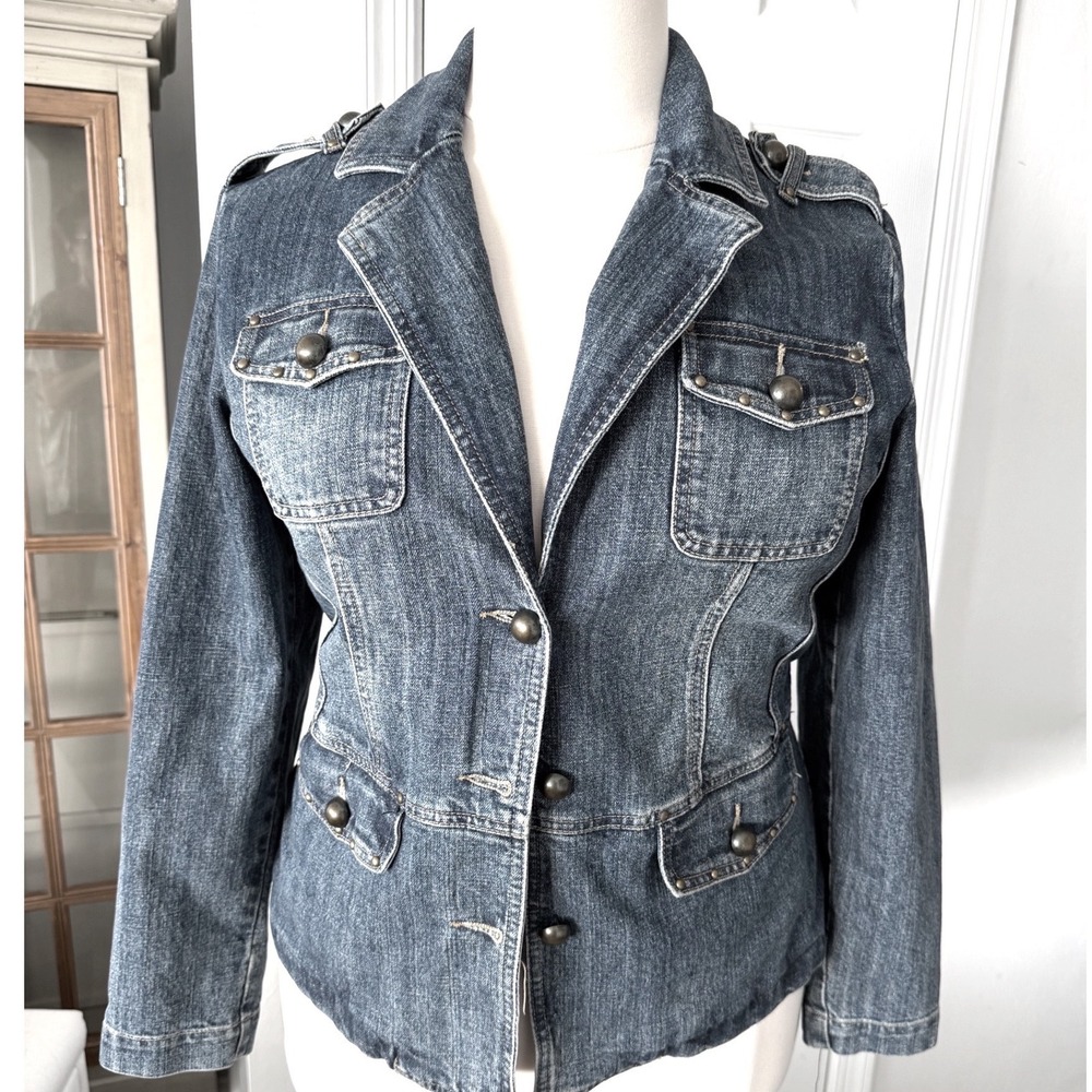 Vintage Y2K Baccini Brass Button Denim Blazer Utility Jean Jacket Womans Size 1X